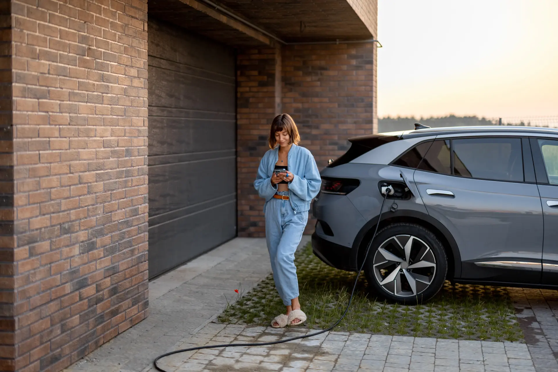 Vrouw bij haar elektrische auto aan de laadkabel voor huis